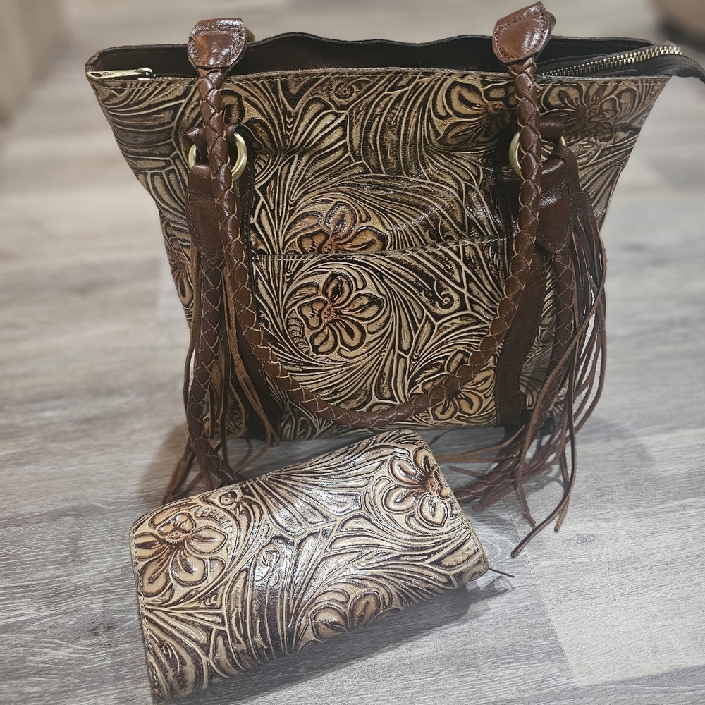 Patricia Nash Tooled Leather Shoulder Bag with Fringe wallet included